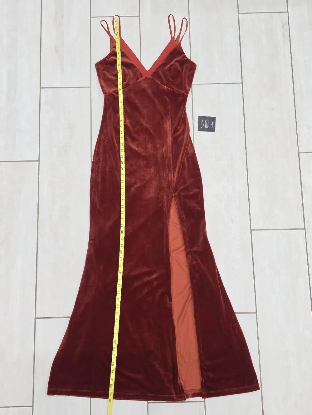NWT LULUS Immensely Glam Rust Red Velvet Backless Maxi Dress Slit